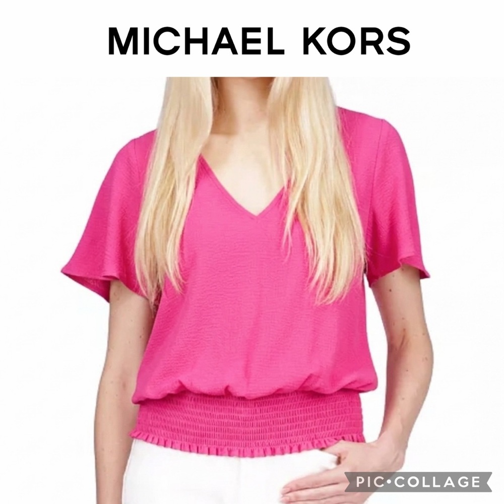 Michael Kors hot pink V neck smocked hemline top size XL